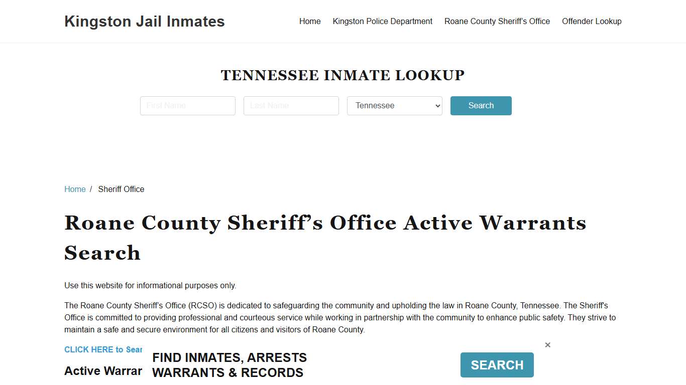 Roane County Sheriff Office, TN Warrant Lookup