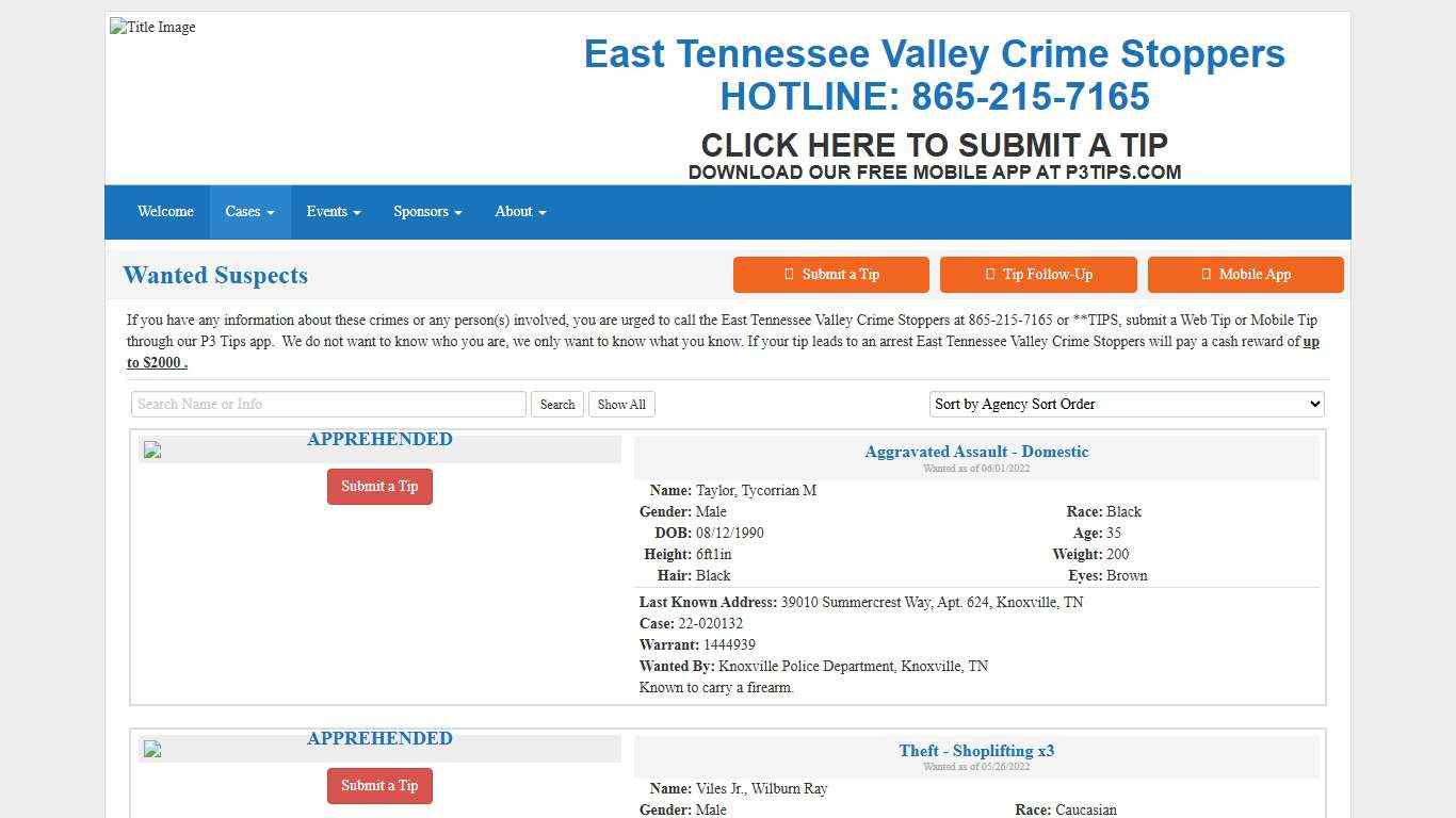 Wanted Suspects - East Tennessee Valley Crime Stoppers